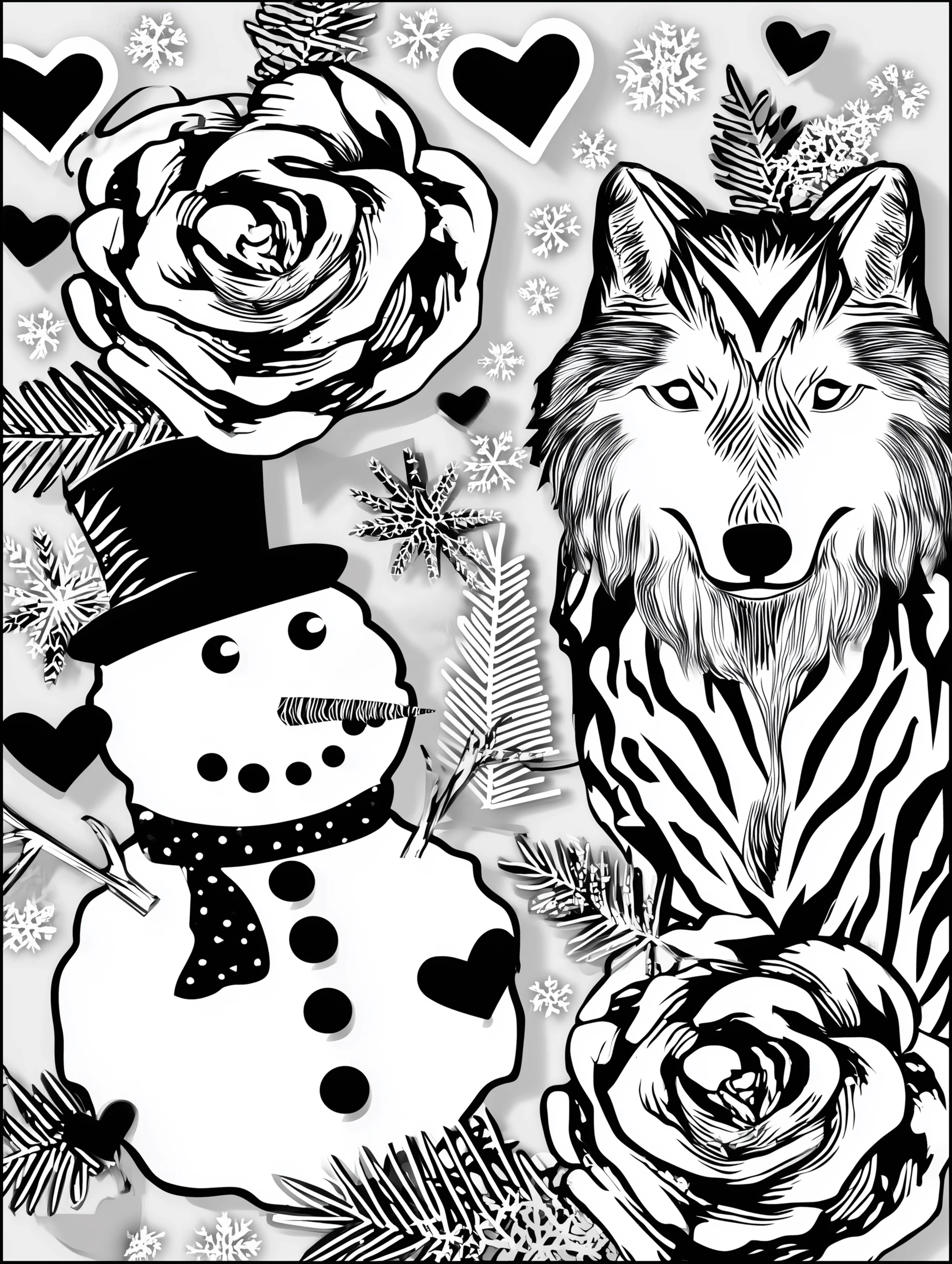 Free printable wolf coloring page for adults featuring a wolf with a winter snowman
